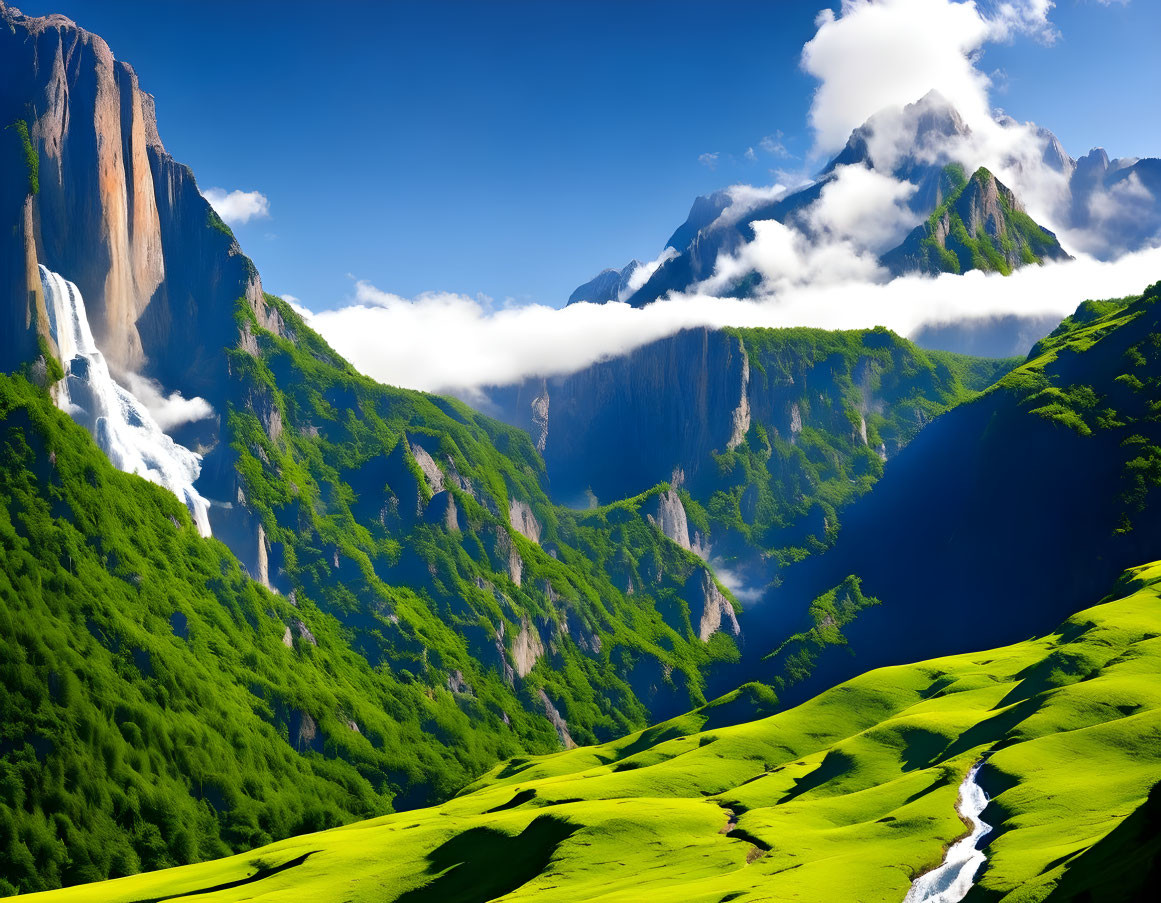 Scenic landscape with green fields, mountains, waterfall, and clouds