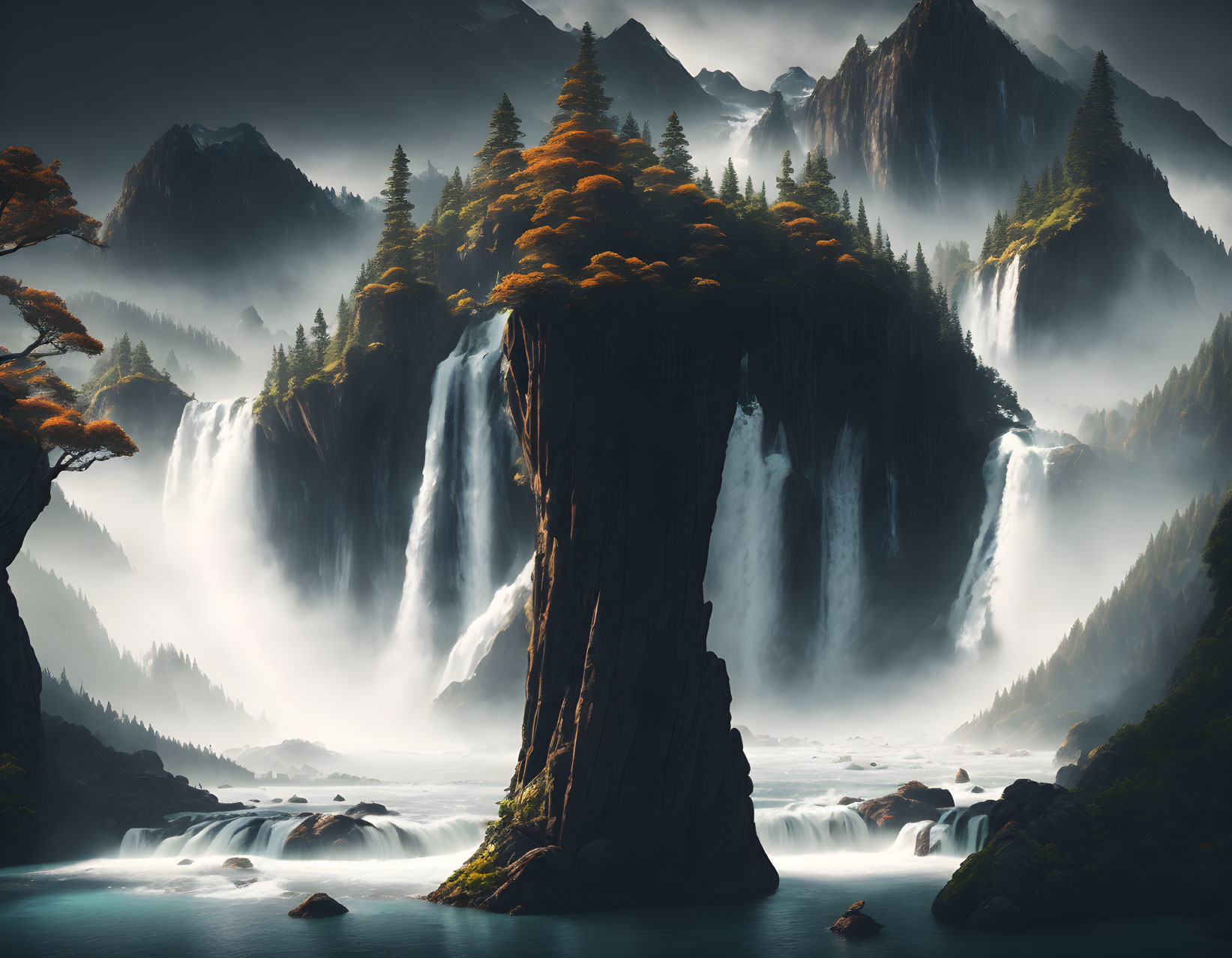 Towering Rock with Waterfalls Surrounded by Autumn Landscape