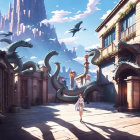 Person walking on street with traditional buildings, dragons in sky, mountains in background