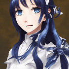 Blue-haired female character in white and gold outfit with floral backdrop