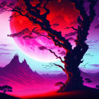 Surreal landscape digital artwork with majestic tree, pink mountains, day to night sky