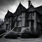 Gothic-style mansion engulfed in vines under gloomy sky