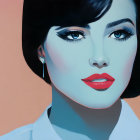 Hyperrealistic illustration of a woman with porcelain skin and red lips on peach background