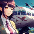 Illustration of woman in uniform with long dark hair, set against plane and dragons.