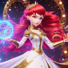 Fantastical anime-style image of girl with red hair holding glowing orb with fish and golden dragon.