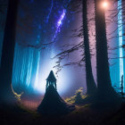 Cloaked figure in mystical blue forest with glowing flowers