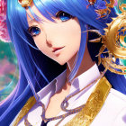 Character with Bright Blue Hair and Eyes in Dragon-themed Jewelry on Colorful Background