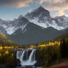 Snowy Peaks Towering Over Forest with Waterfall