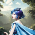 Blue-haired anime girl with dragons and fish in sunlit forest