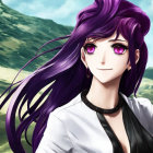 Digital artwork featuring woman with purple hair, golden eyes, white blouse, black choker, lush green