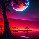 Surreal digital artwork: magenta lake, purple mountains, pink moon