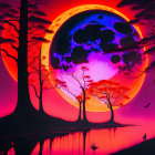 Surreal landscape with red sun, purple mountains, forest, and reflective waters