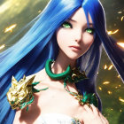 Blue-haired female character with dragon jewelry in forest setting.