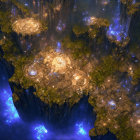 Mystical subterranean cavern with glowing lights, towering rocks, and cascading waterfalls