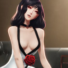 Illustrated character with dark hair, red roses, white outfit, choker, and floating roses.