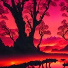 Mystical forest sunrise: silhouette trees, red-pink sky, misty water, mountain view