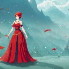 Red-Haired Character in Elegant Attire by Serene Lake with Flying Fish