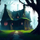 Misty forest scene: eerie old house with glowing windows