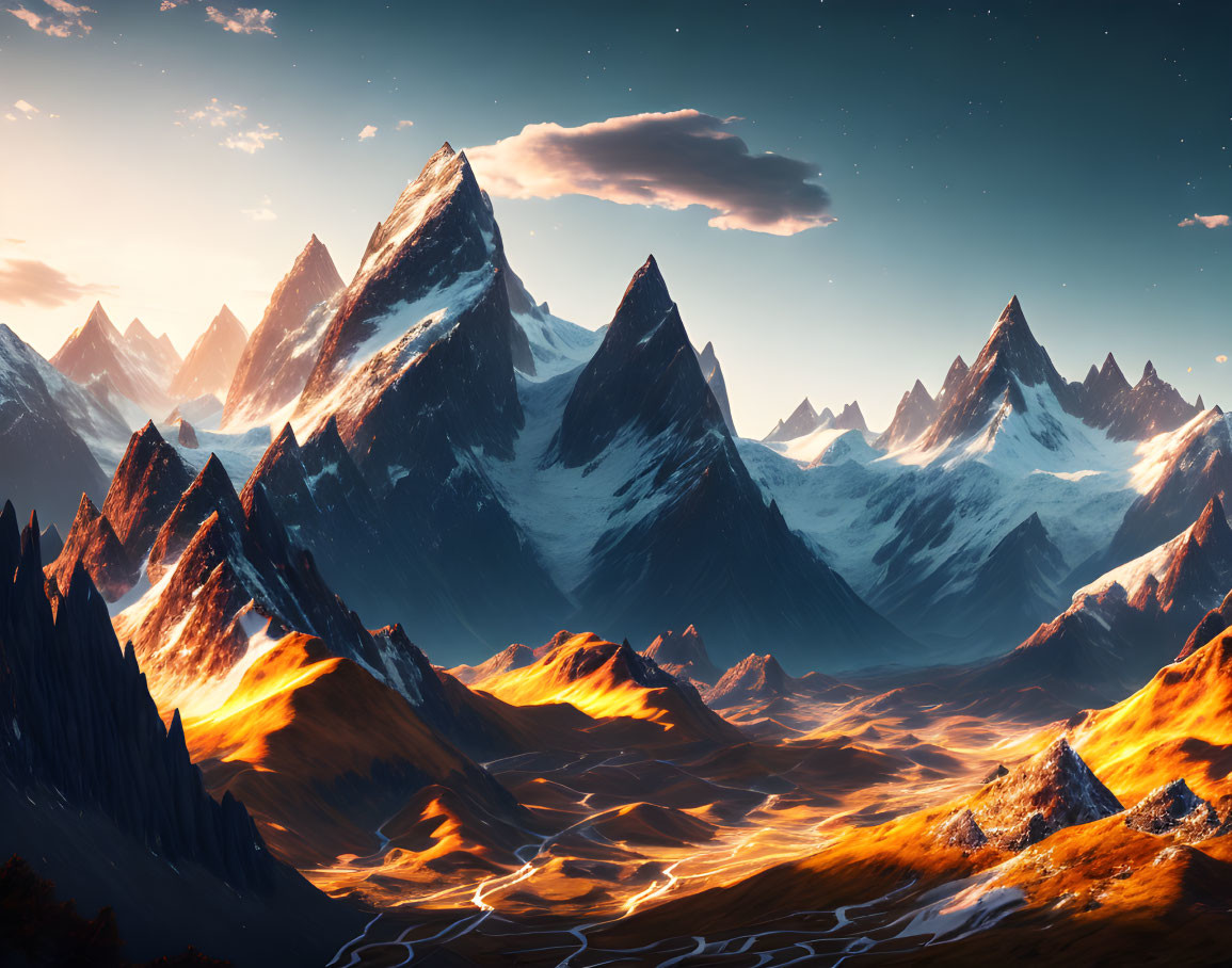 Majestic mountain range with sharp peaks in golden light under blue sky