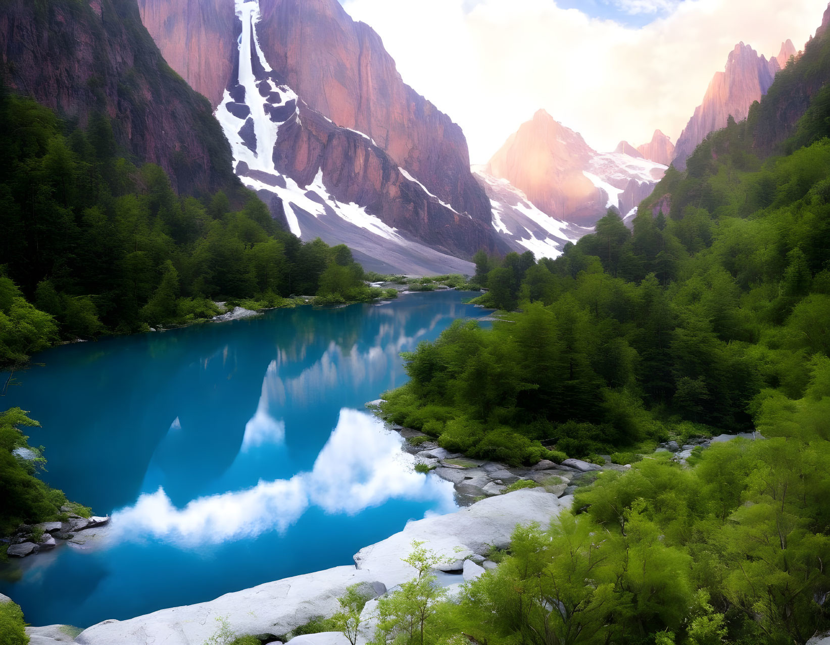 Tranquil mountain landscape with blue lake, green trees, snowy peaks