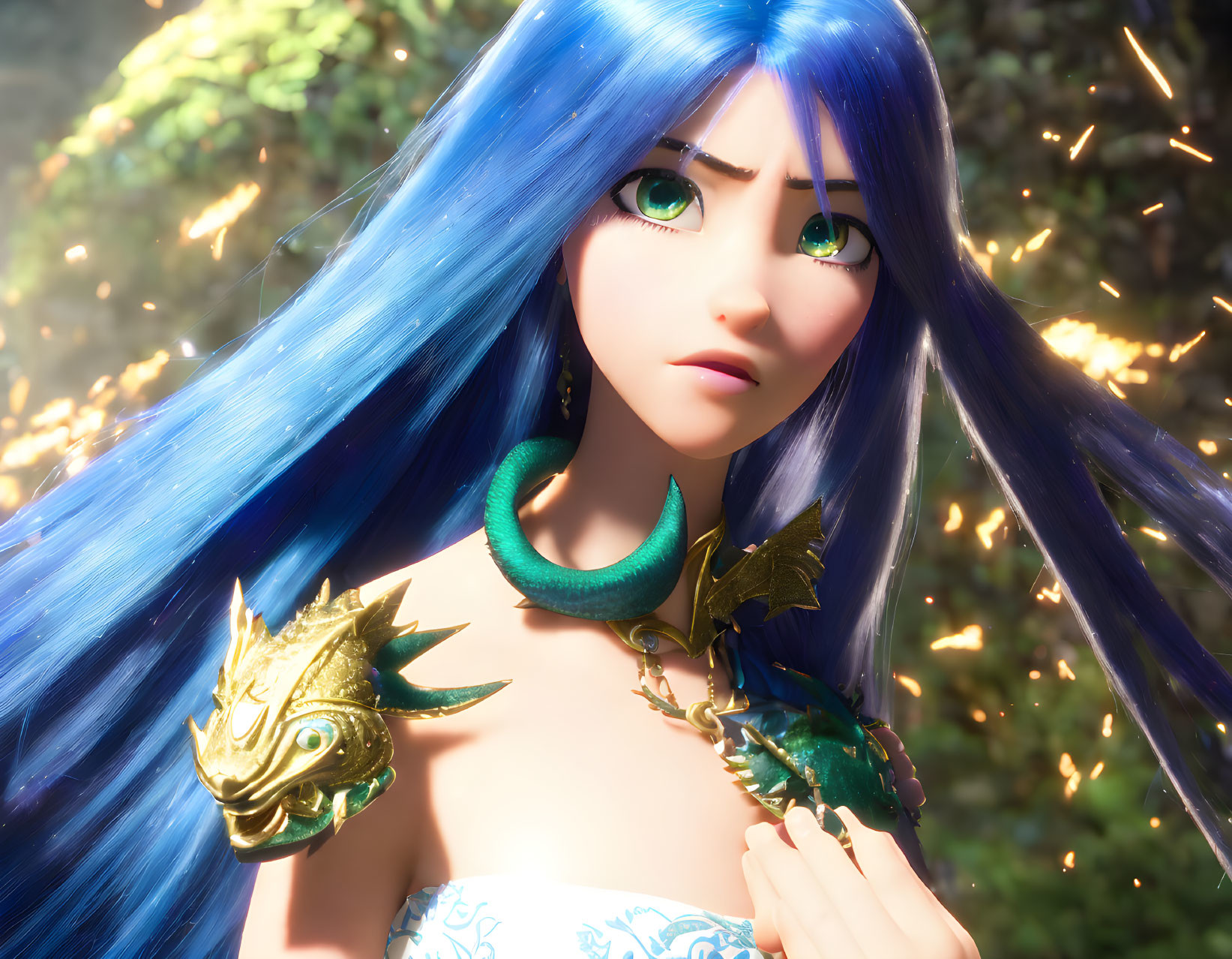 Blue-haired female character with dragon jewelry in forest setting.