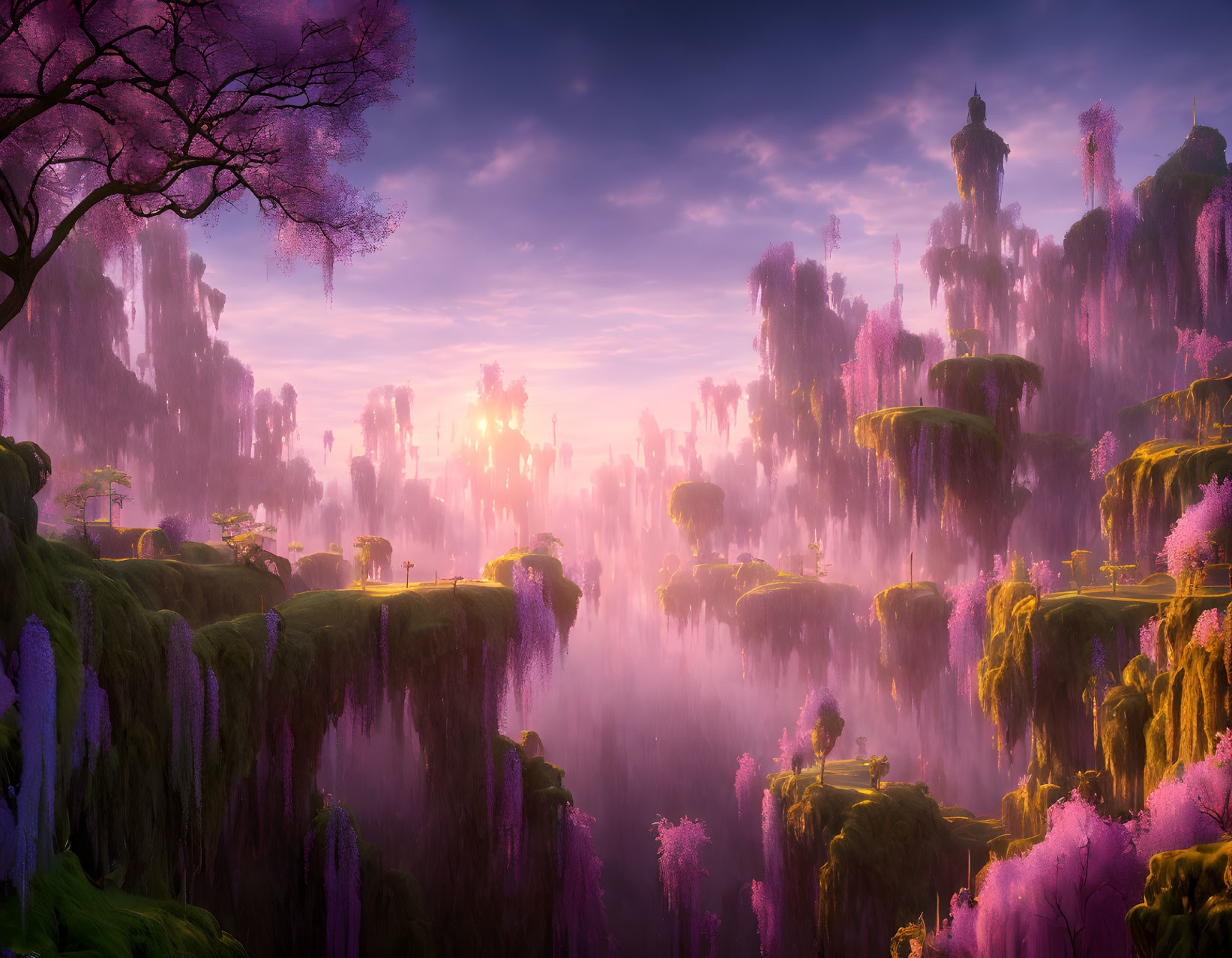 Floating islands, waterfalls, and cherry blossoms in a mystical landscape