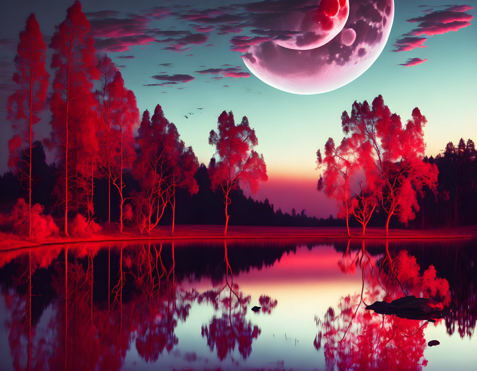 Vibrant pink and blue surreal landscape with moon, trees, and reflective water