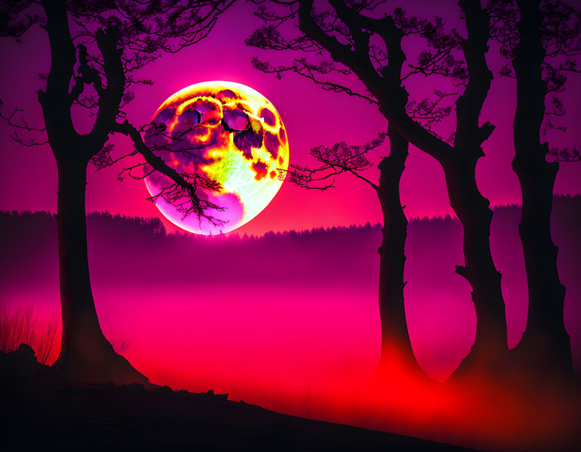 Surreal landscape with pink sky, silhouetted trees, and fiery planet