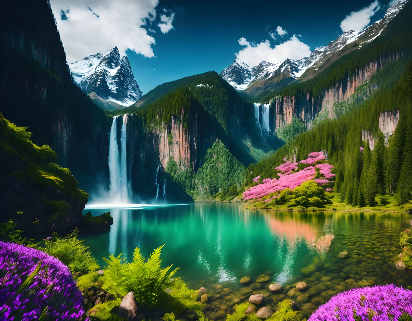 Scenic landscape with waterfall, greenery, pink blooms, blue lake & snow-capped mountains