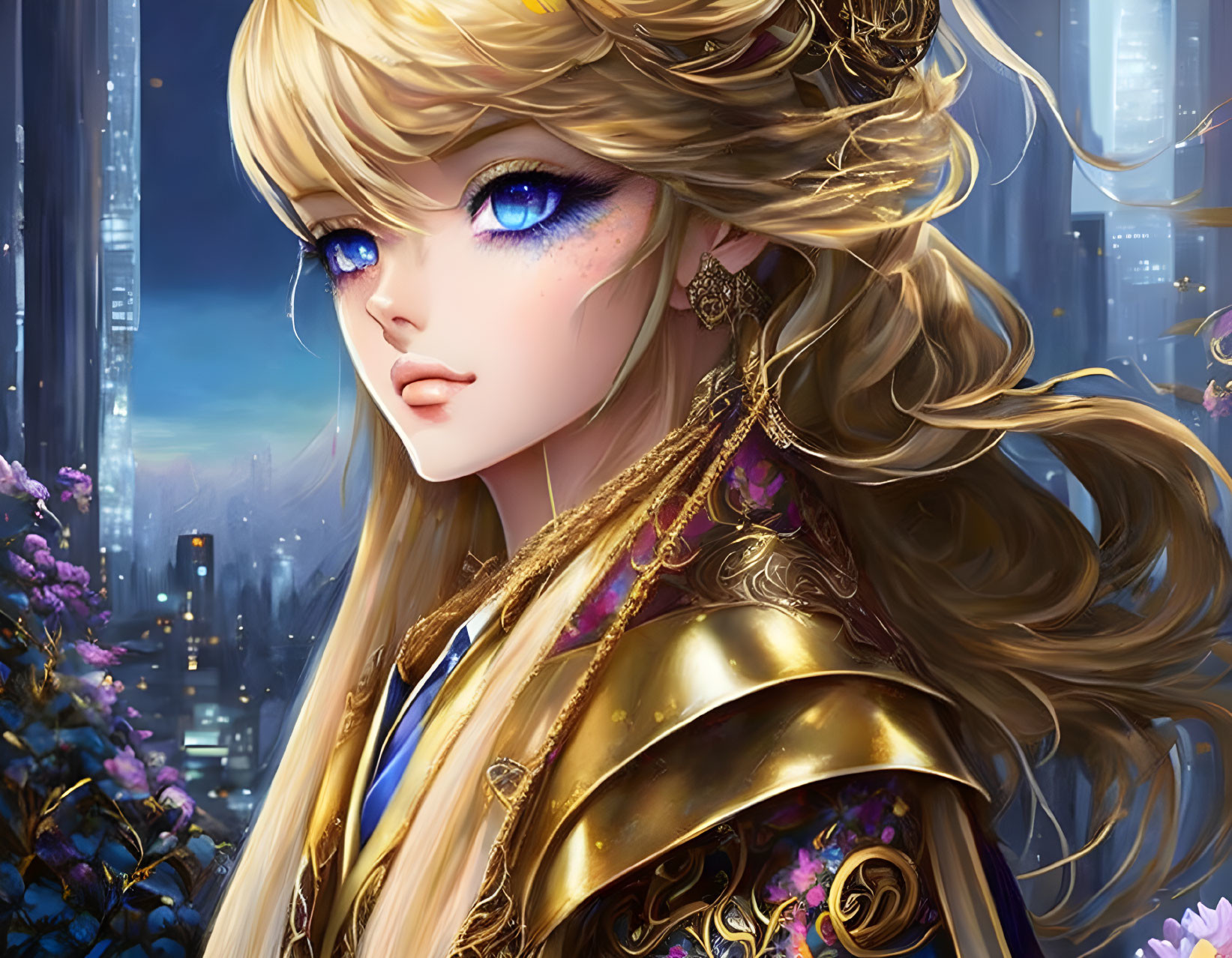 Golden-armored female character with blue eyes and blonde hair in a night cityscape