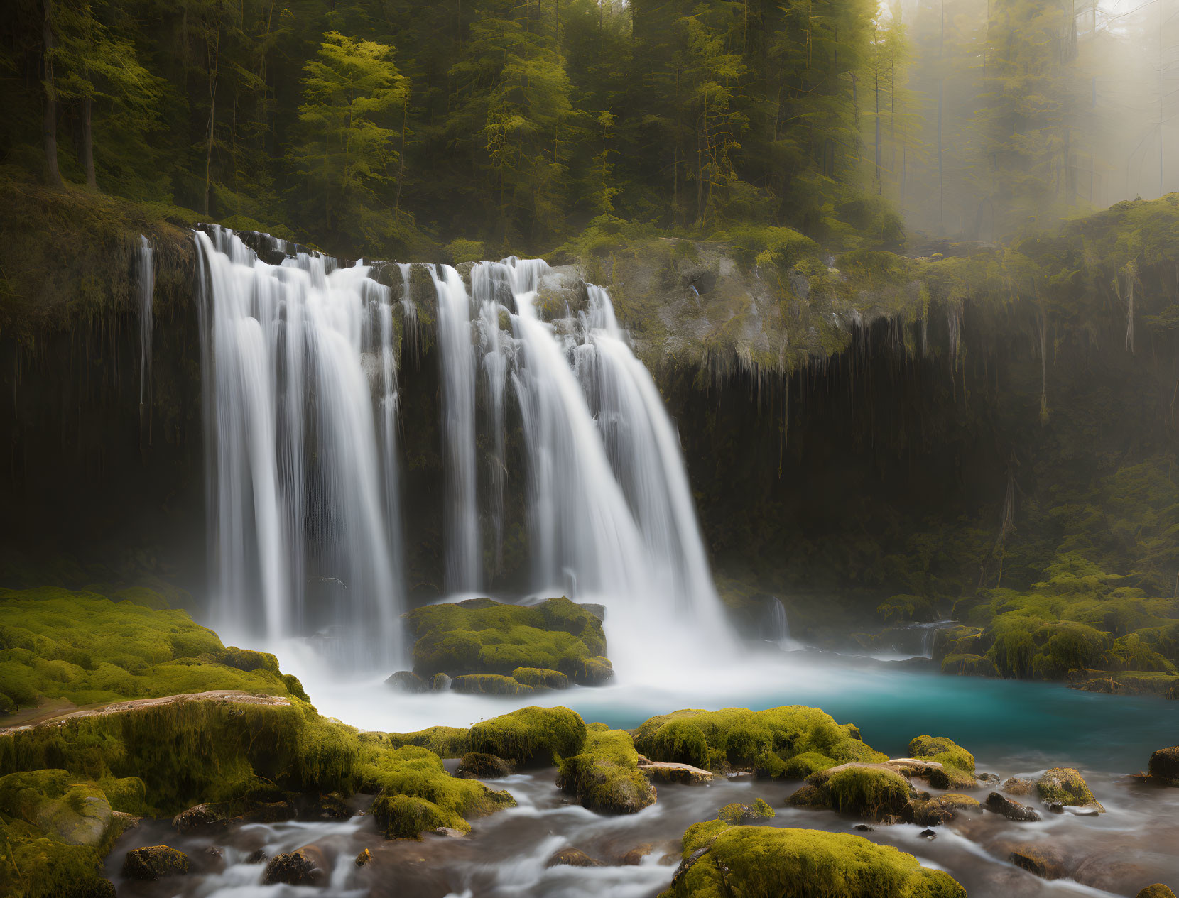 Tranquil waterfall over mossy cliff in misty forest