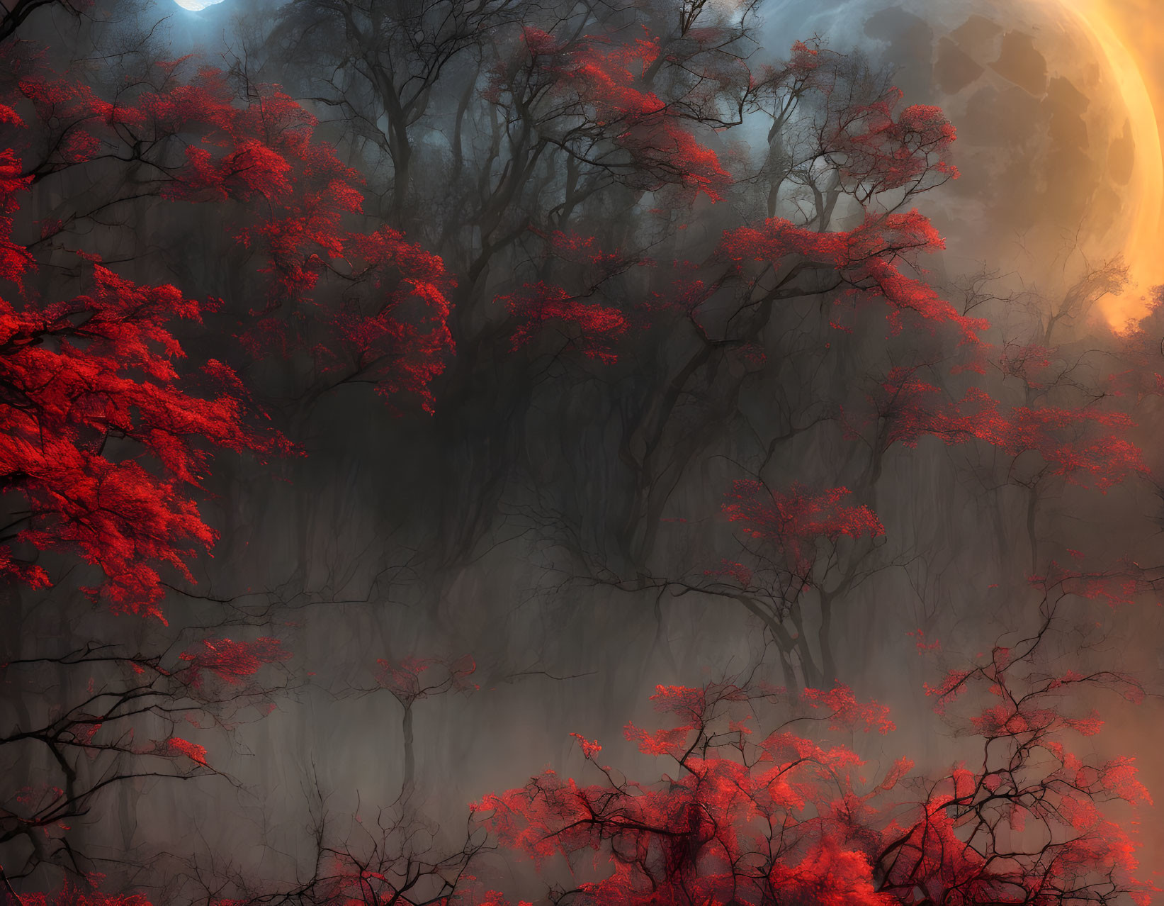 Bare Trees and Red Leaves in Misty Forest Moonlight