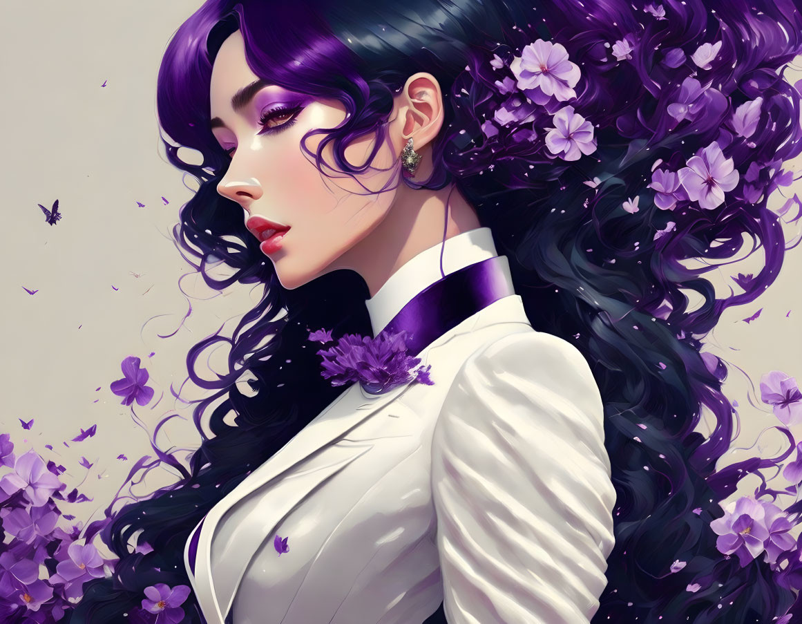 Illustrated woman with purple hair, flowers, white jacket, purple tie, and butterflies.