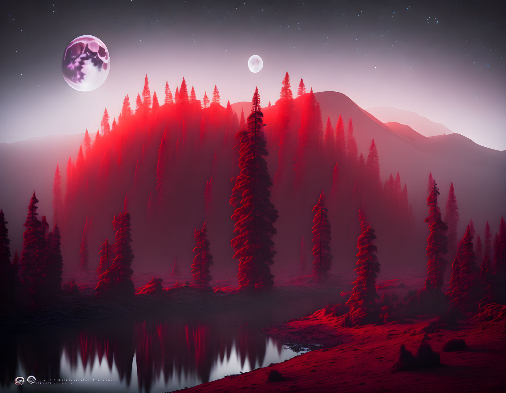 Surreal red-tinged landscape with pine trees, moonlit sky, stars, and serene