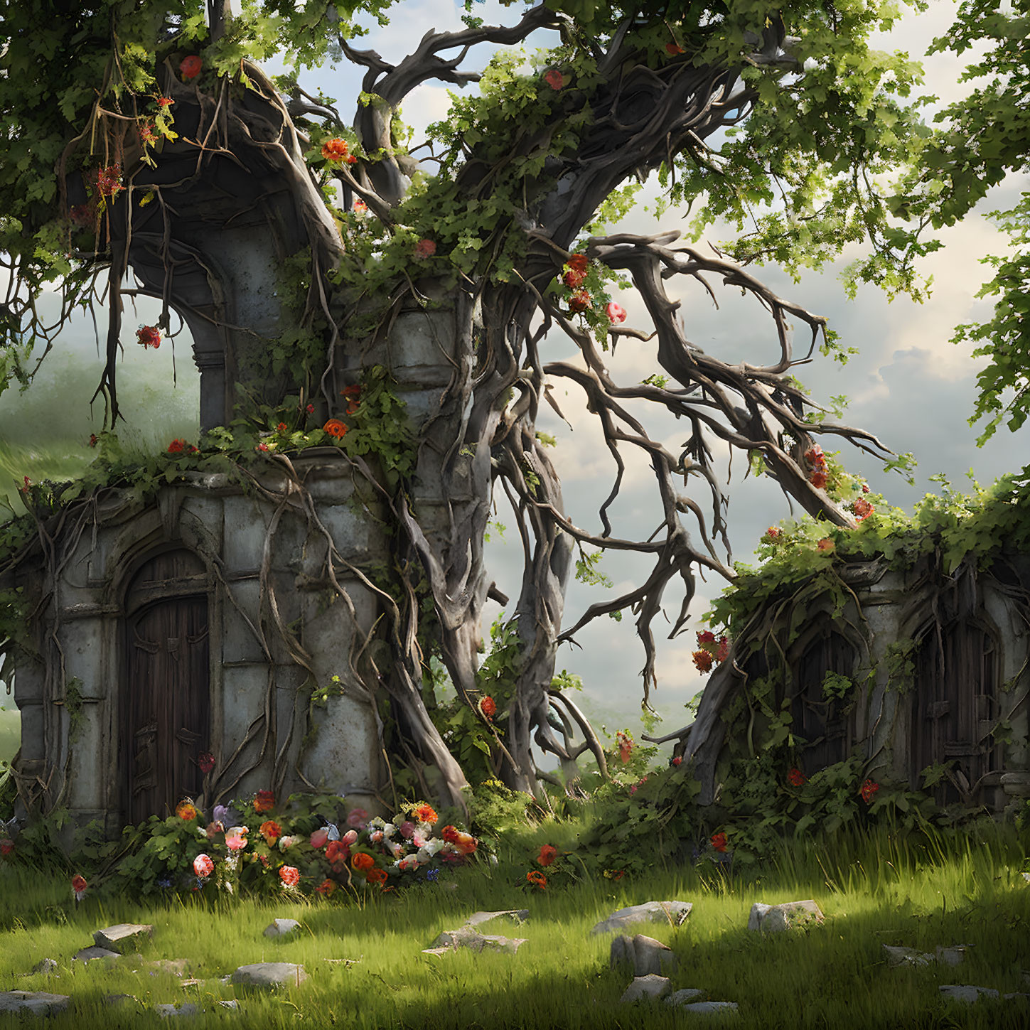 Twisted ancient tree with greenery and flowers by weathered door in serene forest.