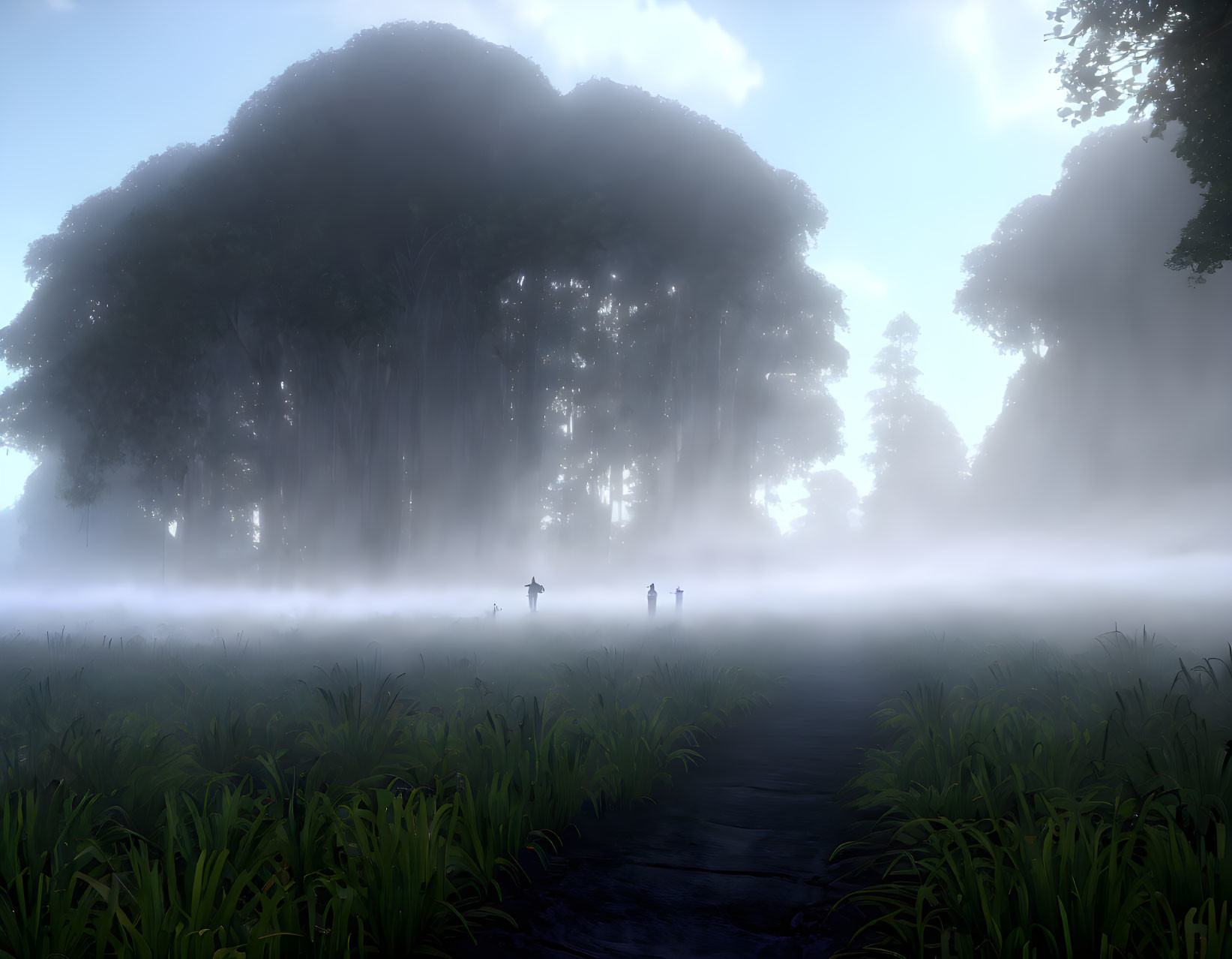 Misty forest scene with wooden pathway and two figures in distance