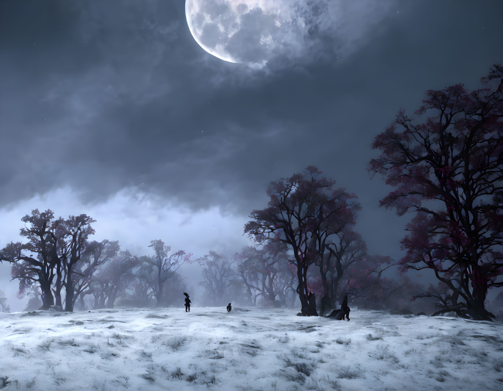 Snowy landscape with large vivid moon and silhouetted figures at night