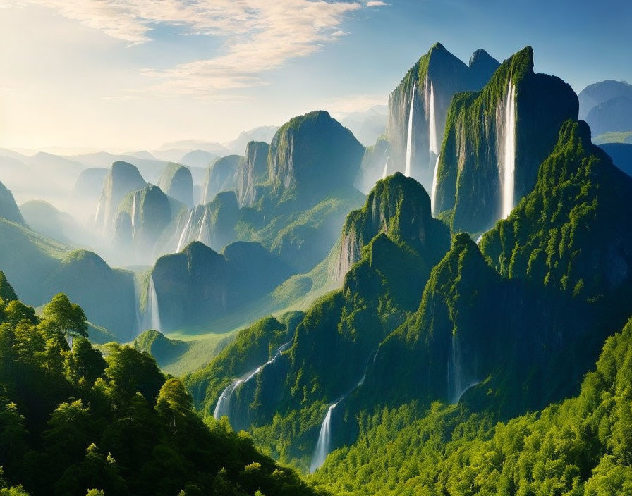 Scenic green mountains with cascading waterfalls in misty sunlight