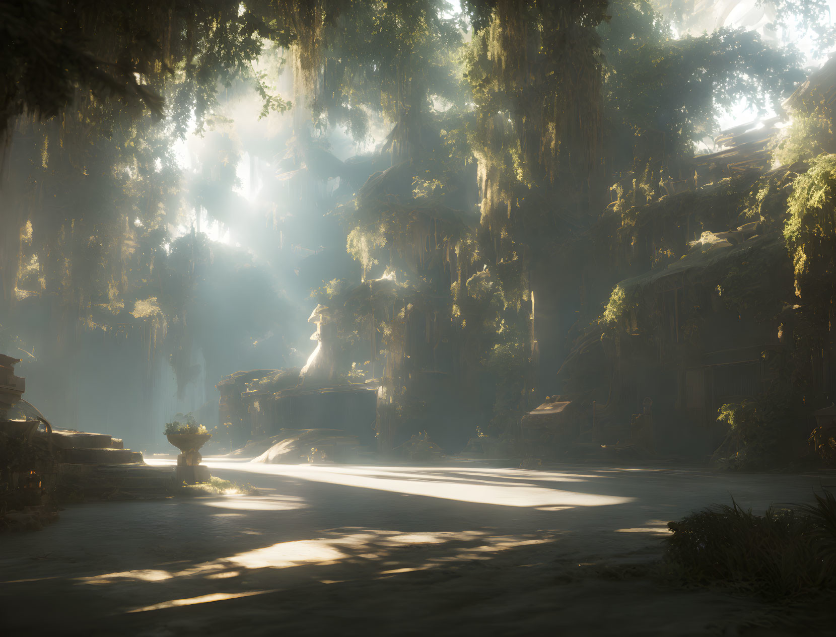 Misty forest scene with sunbeams on ancient ruin and stone pedestal