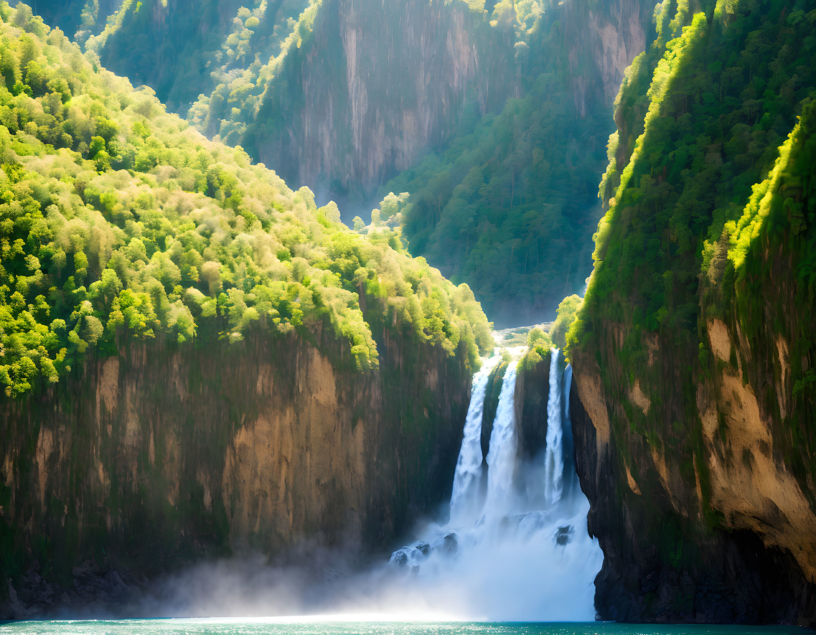 Majestic waterfall between forested cliffs and turquoise waters