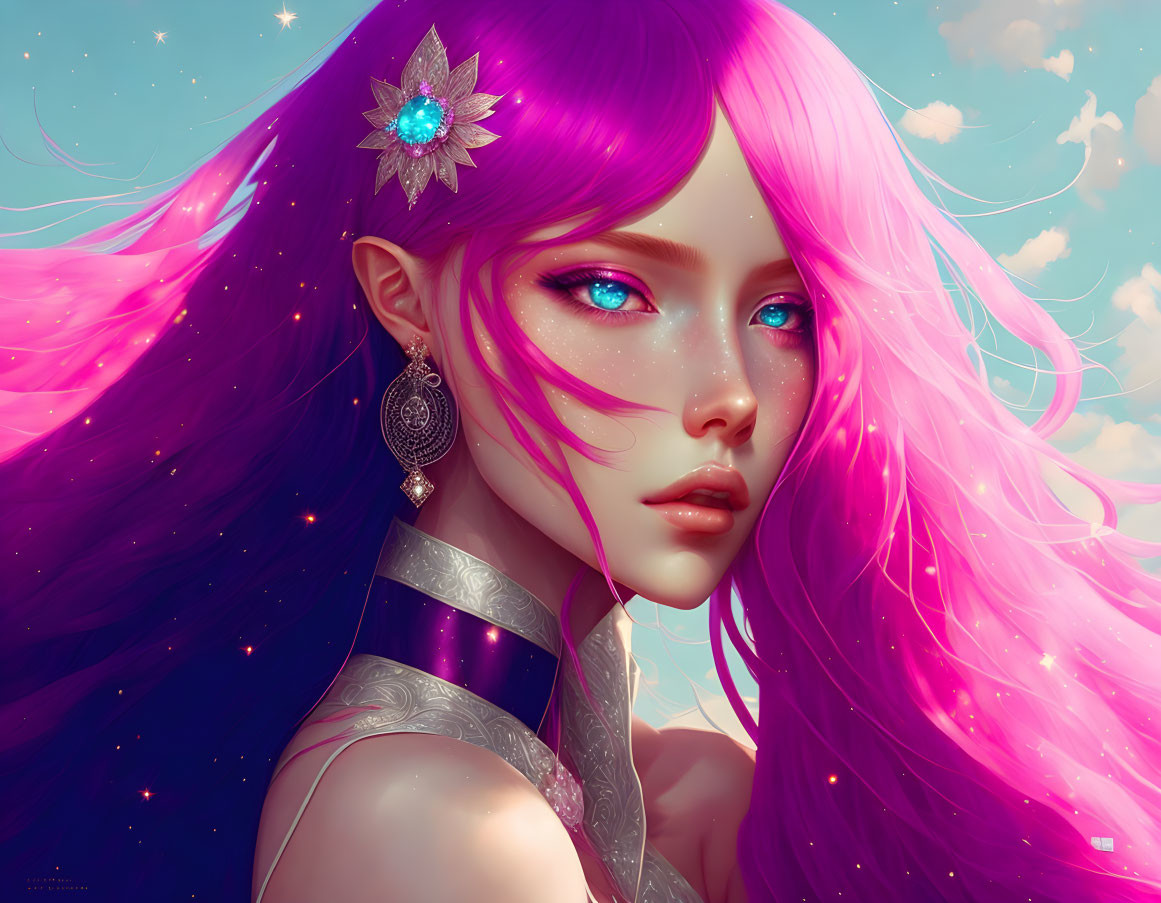 Colorful digital artwork of female figure with pink hair and blue eyes in ornate jewelry against sky backdrop