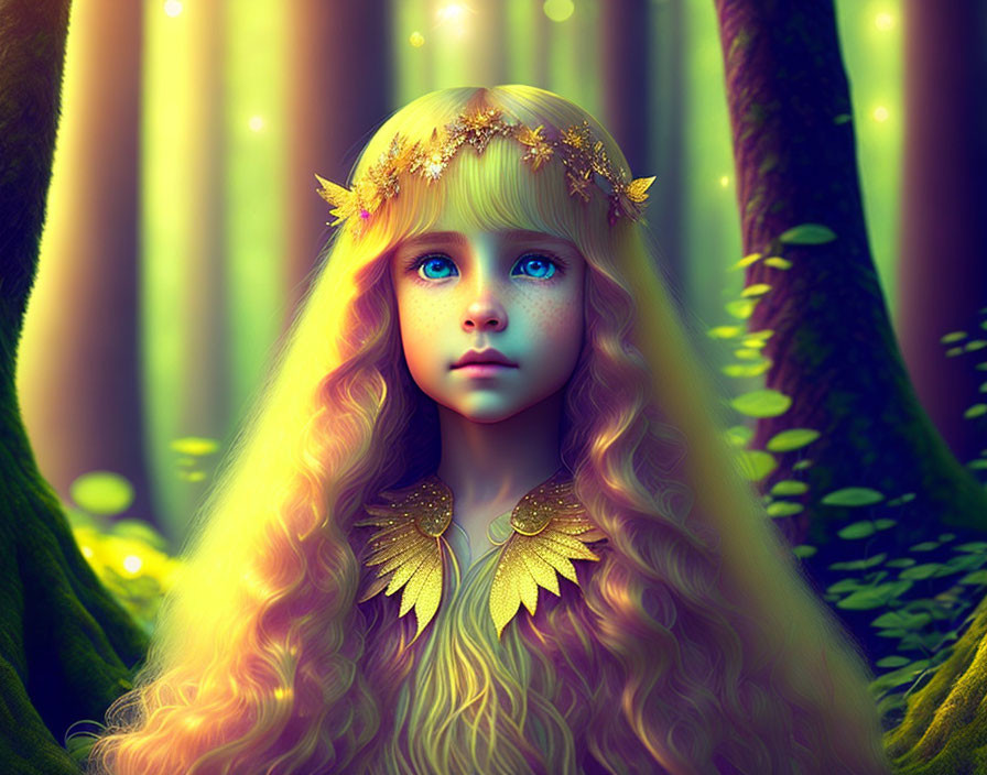 Young girl with golden hair in forest setting with leaf-like accessories