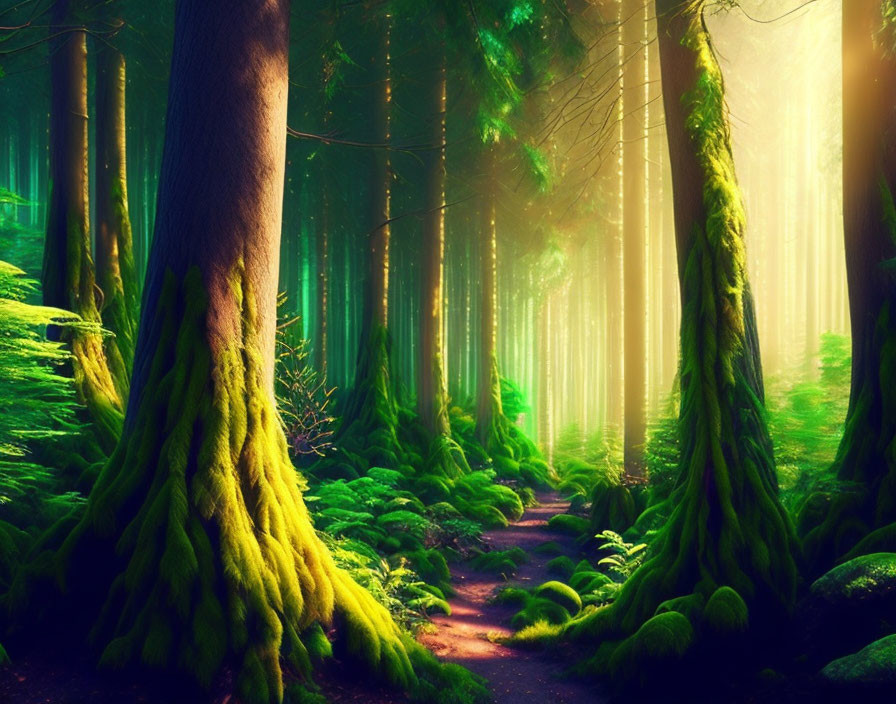 Tranquil forest path with moss-covered trees under golden sunlight