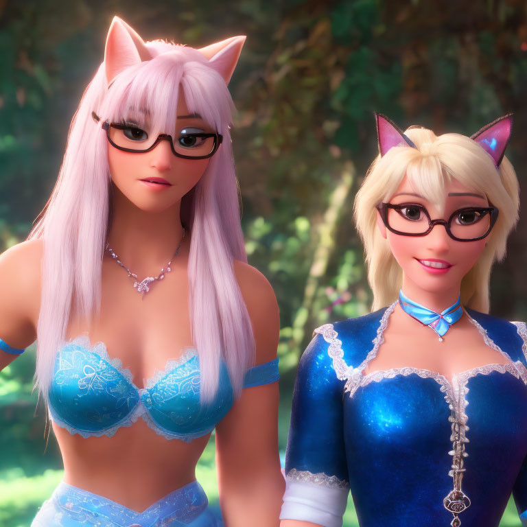 Two animated female characters in cat ear headbands and glasses wearing elegant blue outfits in a soft, glowing