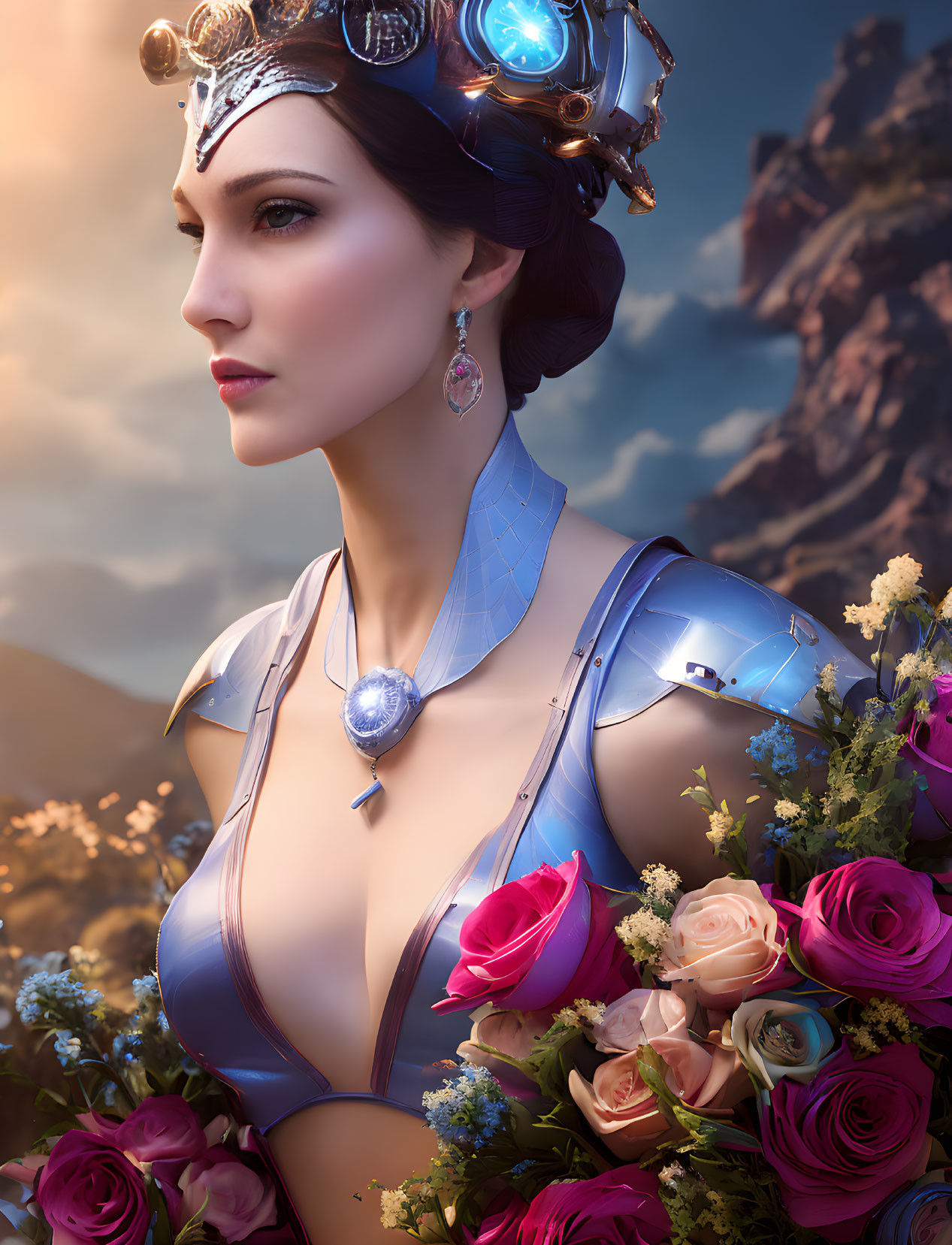 Futuristic digital artwork: Woman in tiara, blue outfit, mountain backdrop