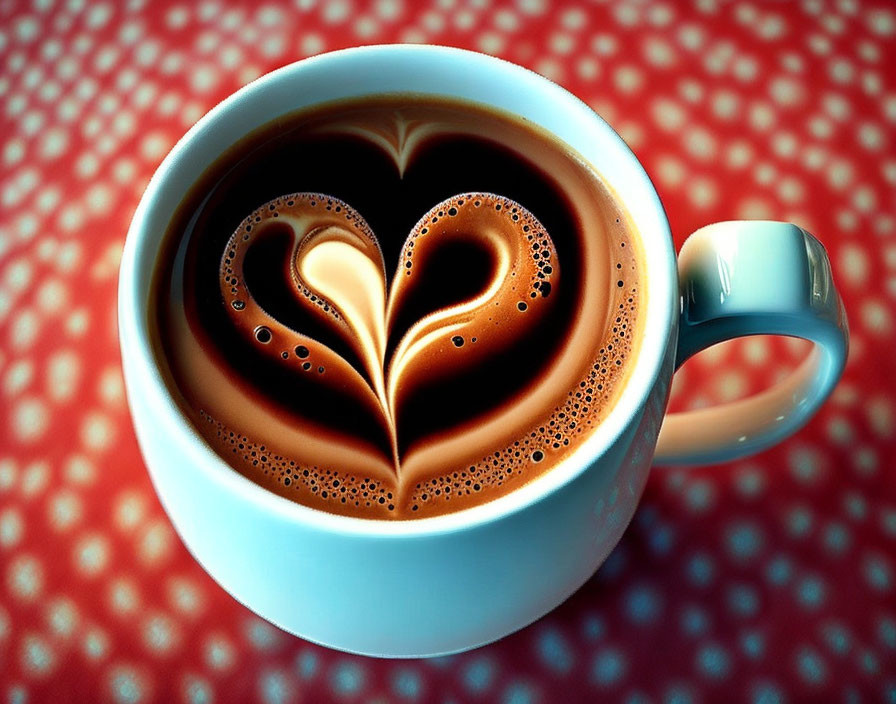 Heart-shaped coffee foam on red polka-dotted cup