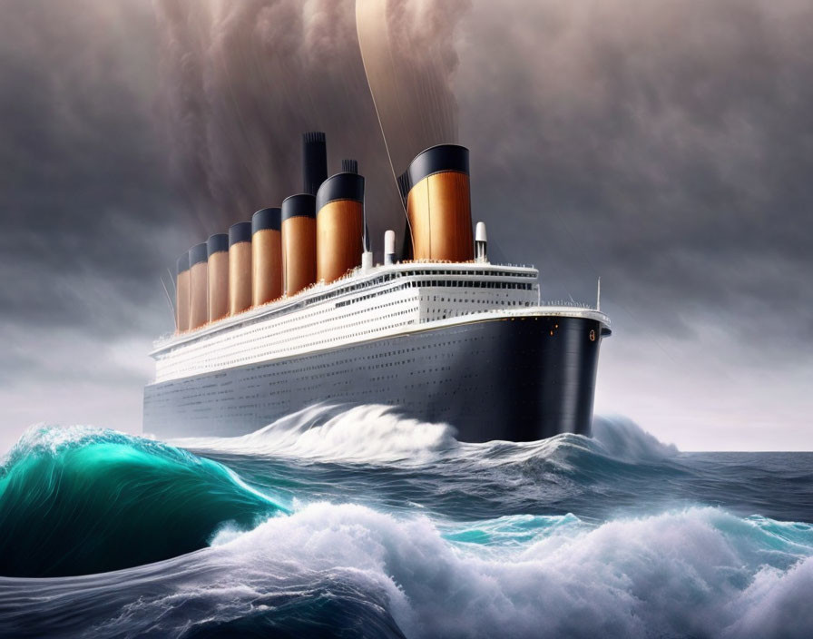 Ocean liner navigating stormy seas with billowing smokestacks