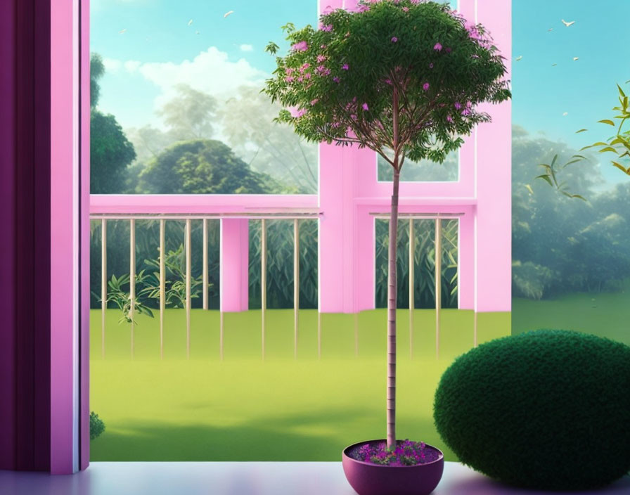 Bright room with pink building view, green landscape, potted tree, and blue sky with birds