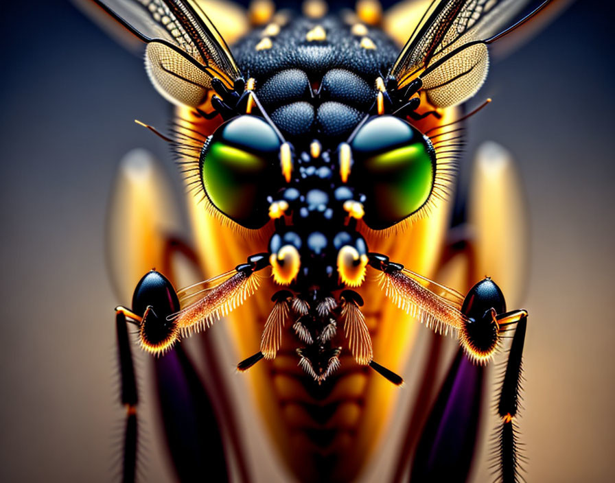 Detailed view of a wasp's head with compound eyes, antennae, and mouthparts