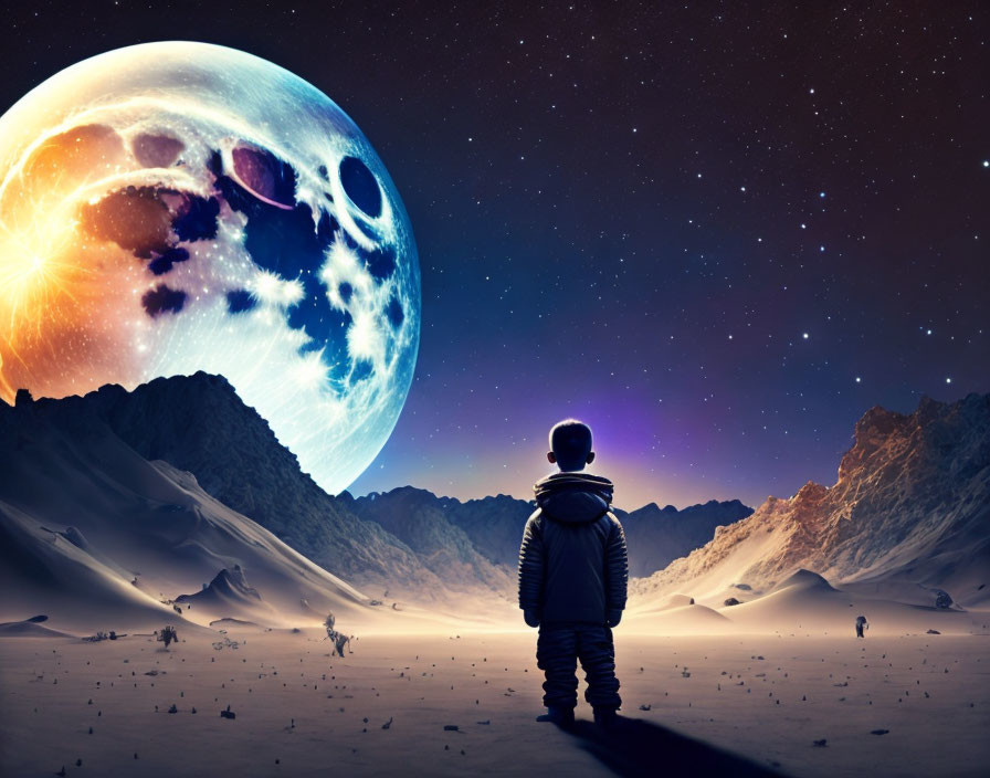 Child observing detailed moon in barren landscape